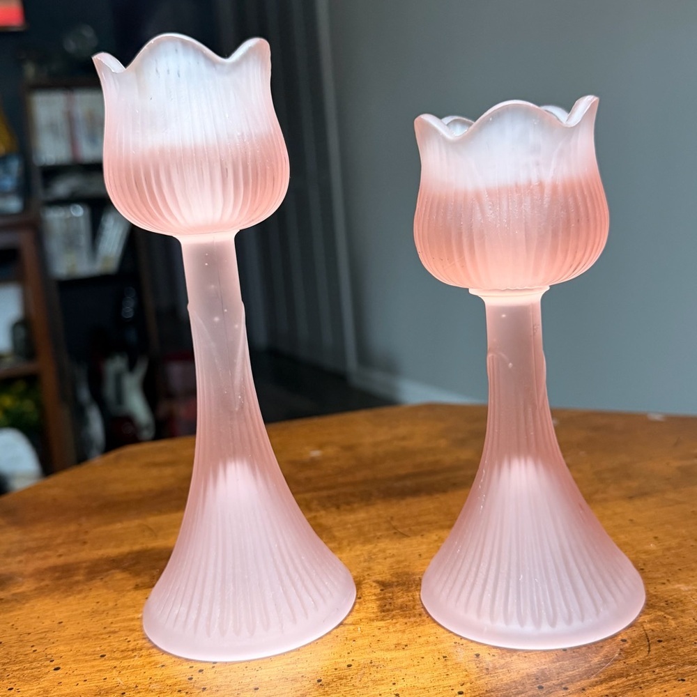 Vintage Pair of Pink Frosted Glass Flower Candle Holders Ribbed Indoor Decor